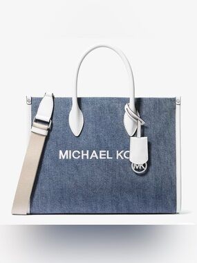 Michael Kors Blue Denim Tote with White Leather Trim